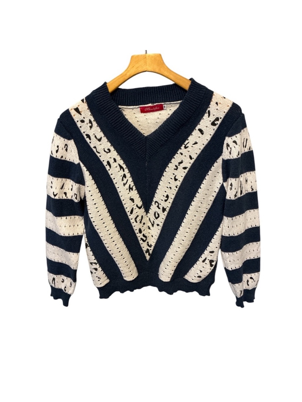 Mundefeis Striped Navy White Animal Print V-Neck Sweater Medium EUC